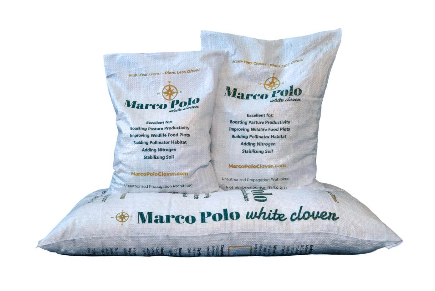 Marco Polo white clover bags in 5lb, 25lb and 50lb bags.